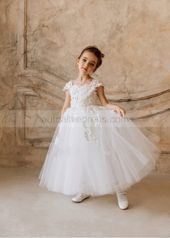 Pearl Beaded Ivory Lace Tulle Flower Girl Dress